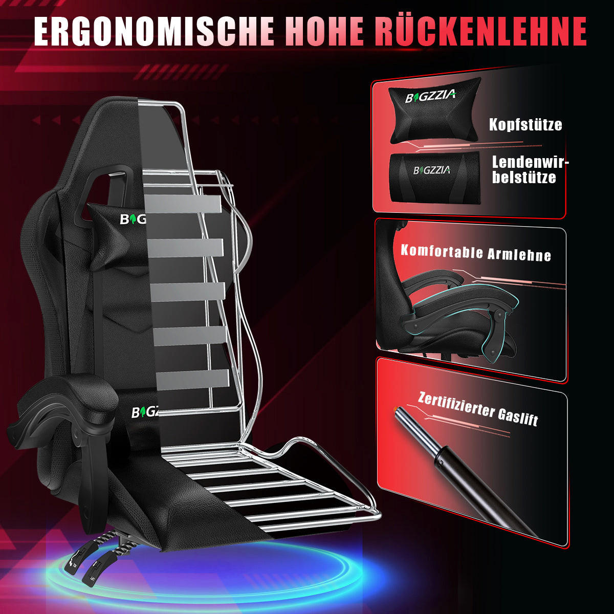 GAMING-STUHL LED, höhenverstellbar, Lenden- & Kopfstütze – Schwarz - Schwarz, Leder (53.5/117/54cm) - Rattantree