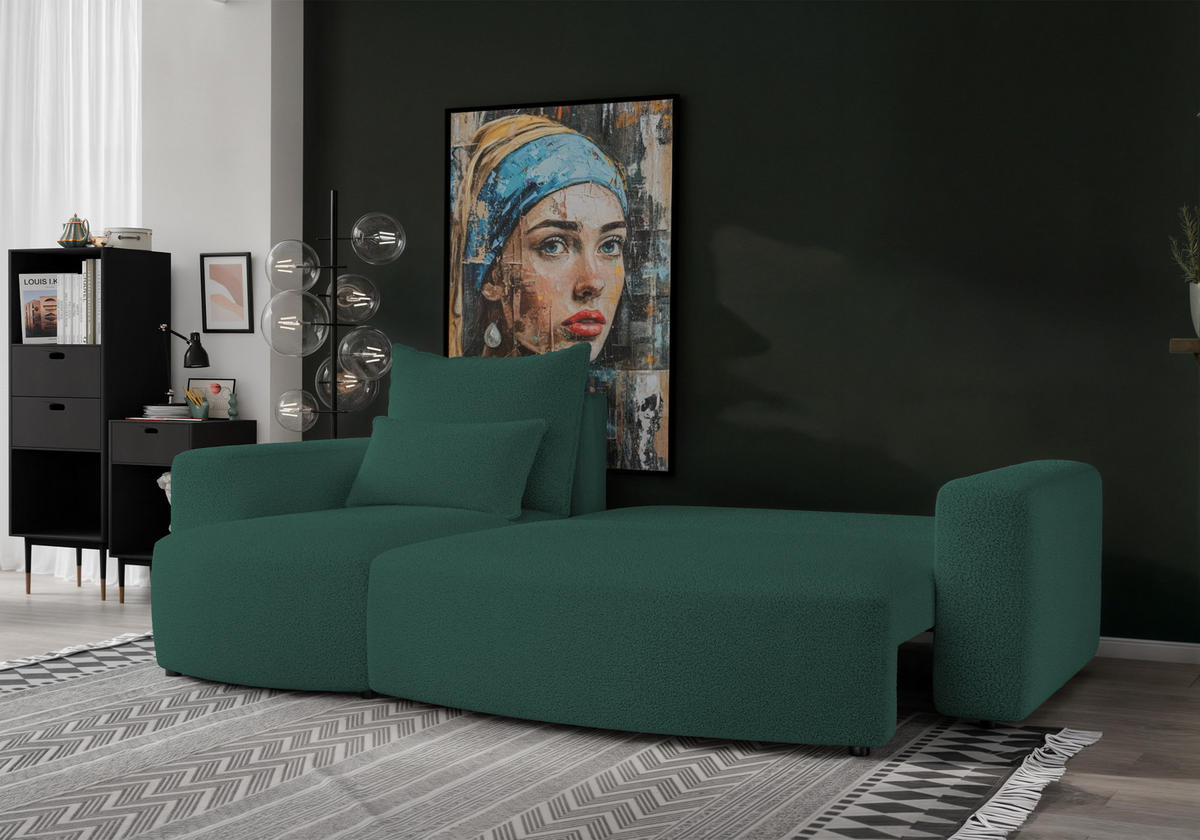 ECKSOFA Travis mit Bettkasten und Schlaffunktion, L-Form, Boucle, Universal - Dunkelgrün, Holzwerkstoff (248/148cm) - 4ALL HOME