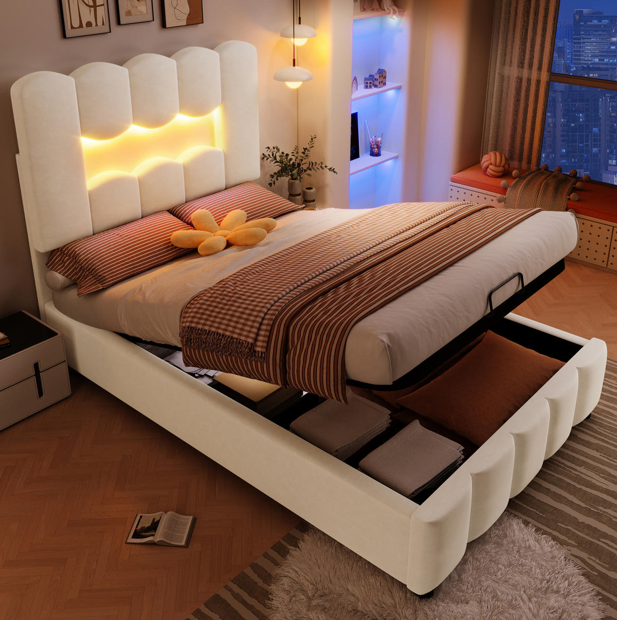 POLSTERBETT mit Stauraum und LED 90x200 cm Velours Beige - Beige, Metall (90/200cm) - Meubliv
