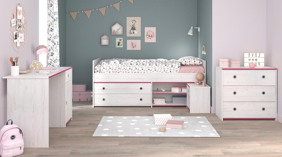 KINDERZIMMER Set Schreibtisch Kommode Nachttisch Bett 90x200 cm - Blau/Silberfarben, Holzwerkstoff/Kunststoff (95/80/203cm) - Parisot Meuble