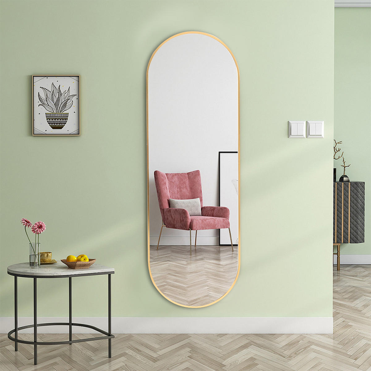 GANZKÖRPERSPIEGEL mit Goldenem Metalrahmen Kapselform Ästhetisches Design Wandmontage 120 L x 40 B x 2,8 D cm - Goldfarben, Glas/Metall (40/2.8/120cm) - Livingandhome