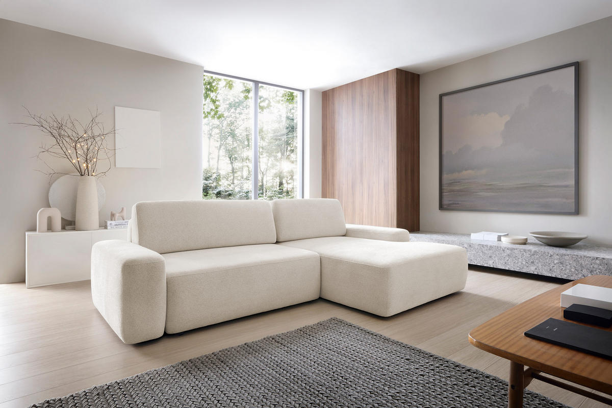 ECKSOFA BOULI 4-Sitzer Polstersofa Raven mit Schlaffunktion 130x210 cm Bettzeugablage 264x162x82 cm rechte, Farbe: Sand​ - Sandfarben, Holz/Textil (264/162cm) - DomoHome