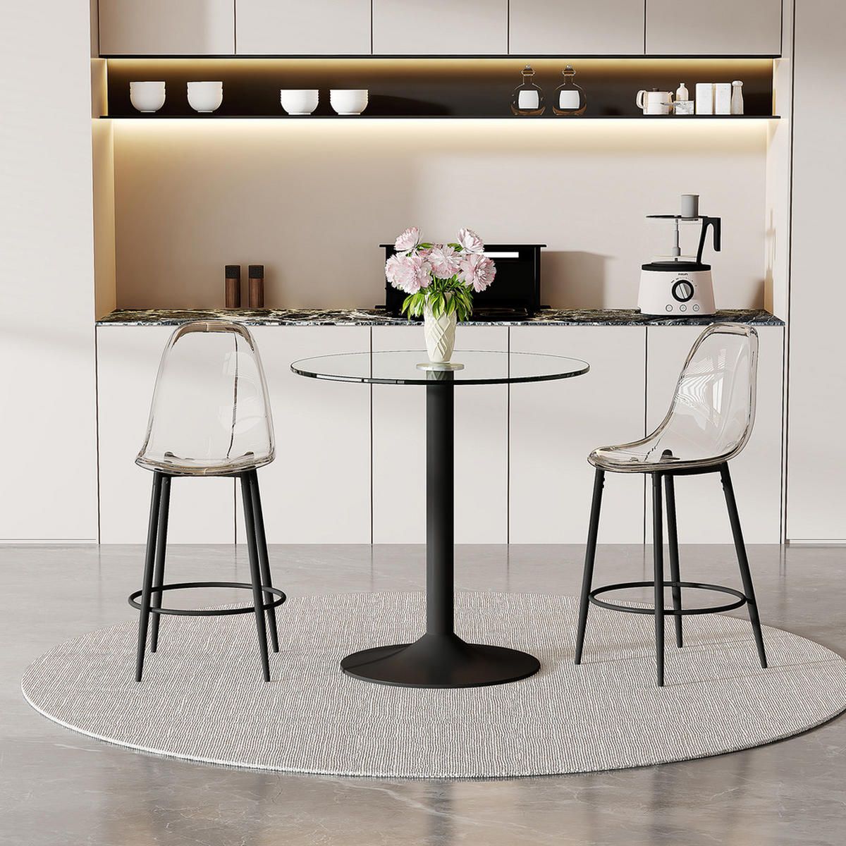 TISCHGRUPPE 3-tlg Glas 89 cm mit 2 Barhockern Metallgestell Schwarz - Transparent, Glas/Metall (80/11/94.5cm) - Raelunyi