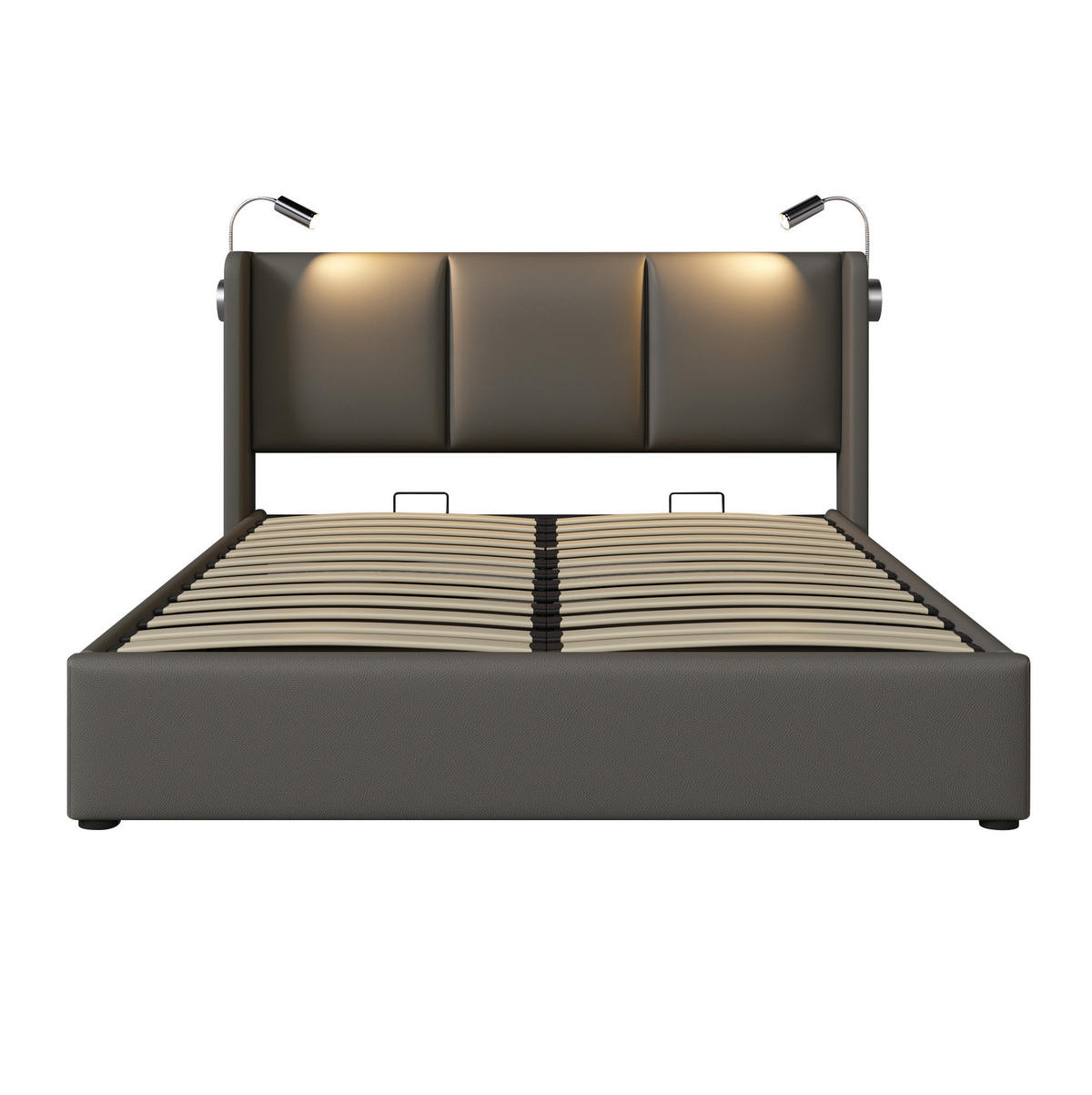 ČALOUNĚNÁ postel 160/200 cm s LED čtecí lampou, USB nabíjením a hydraulickým úložným prostorem, Šedá - šedá, plast (160/200cm) - Redom