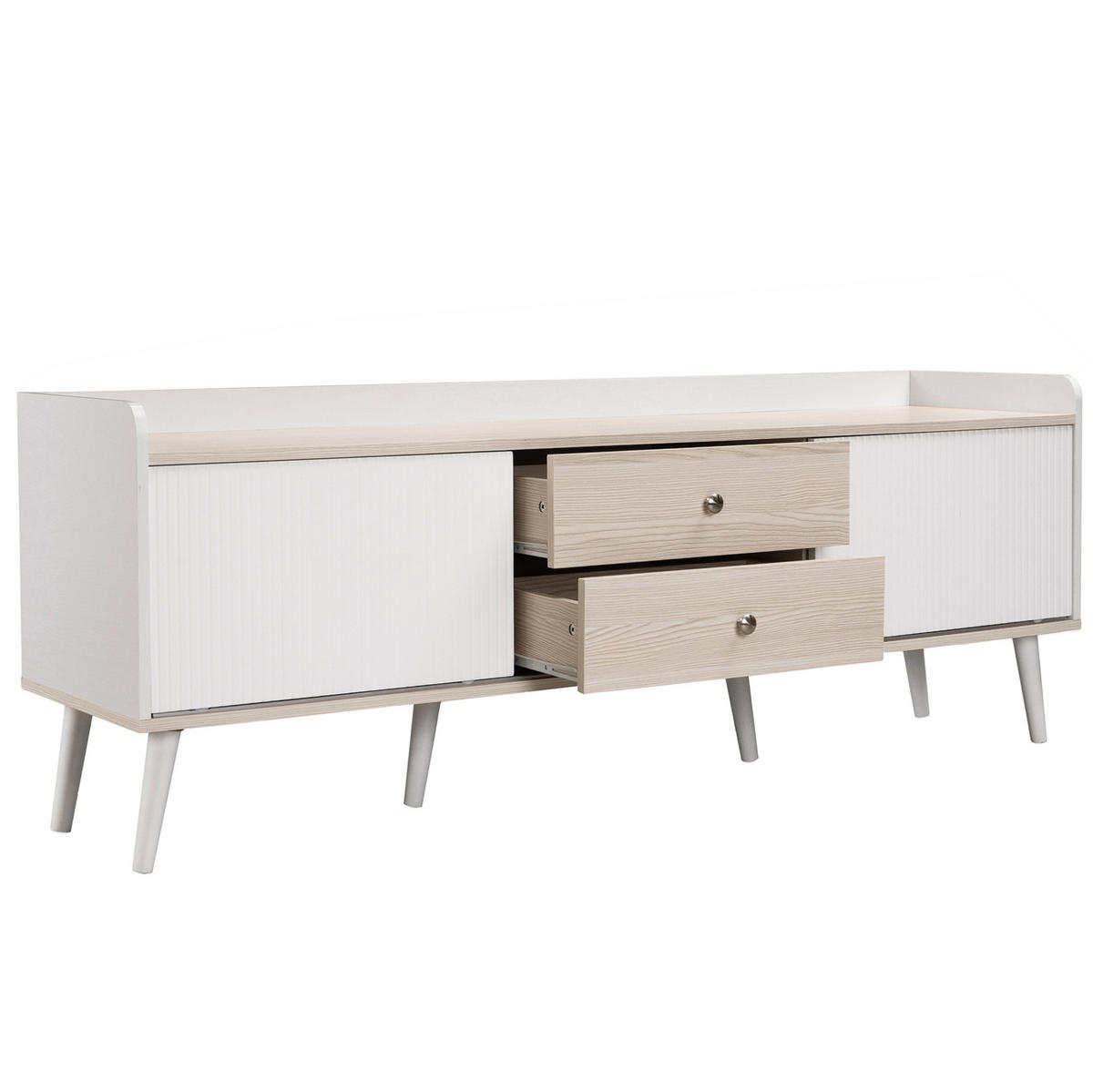 TV-LOWBOARD aus Holzwerkstoff 160x40x58 cm Weiß mit 2 Schiebetüren, 2 Schubladen und erhöhtem Rand - Weiß, Holzwerkstoff (160/58/40cm) - Modfu
