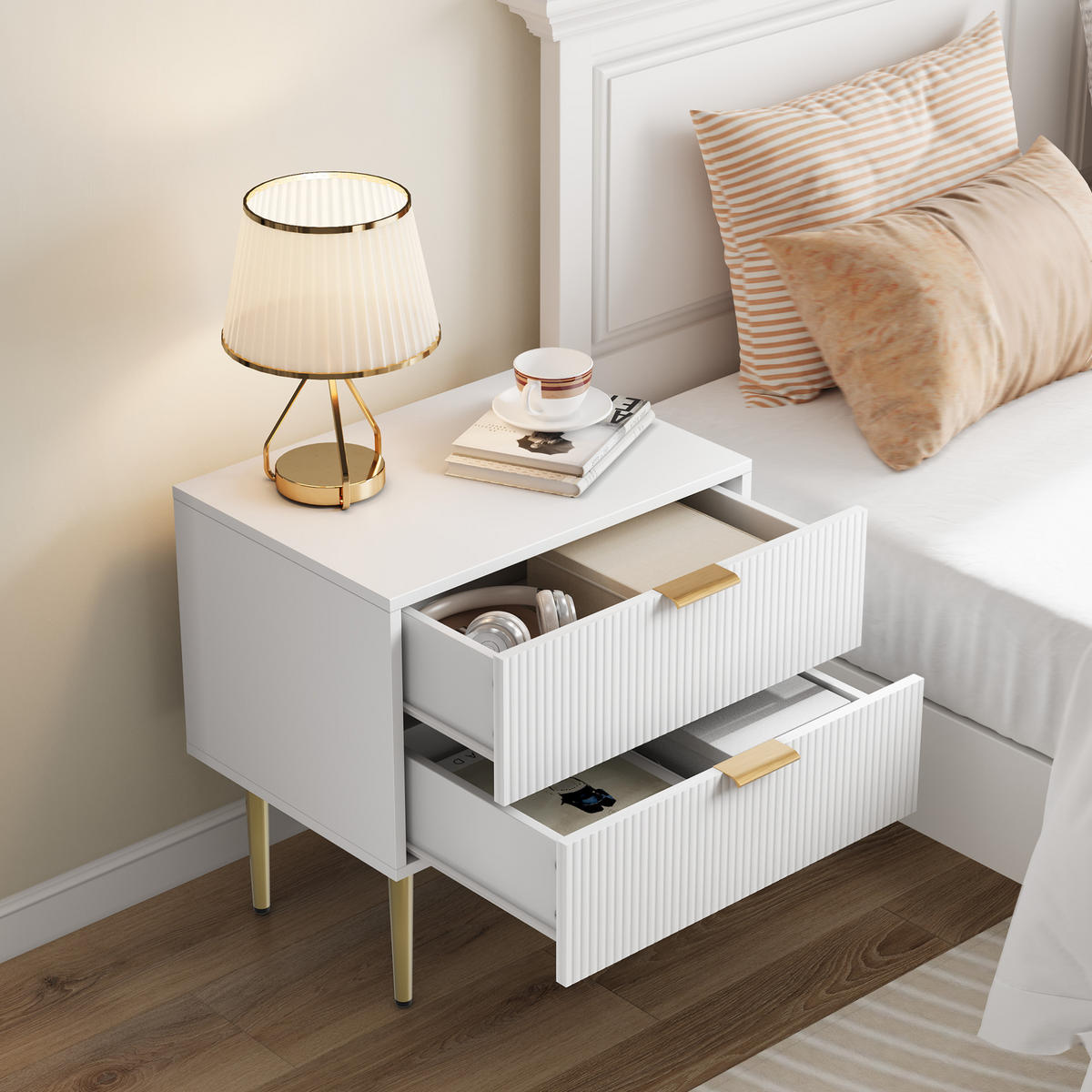 NACHTTISCH 53/41,5 cm Weiß aus MDF und Spanplatte mit 2 Schubladen - Weiß, Holzwerkstoff (53/52.5/41.3cm) - OKMYHOME