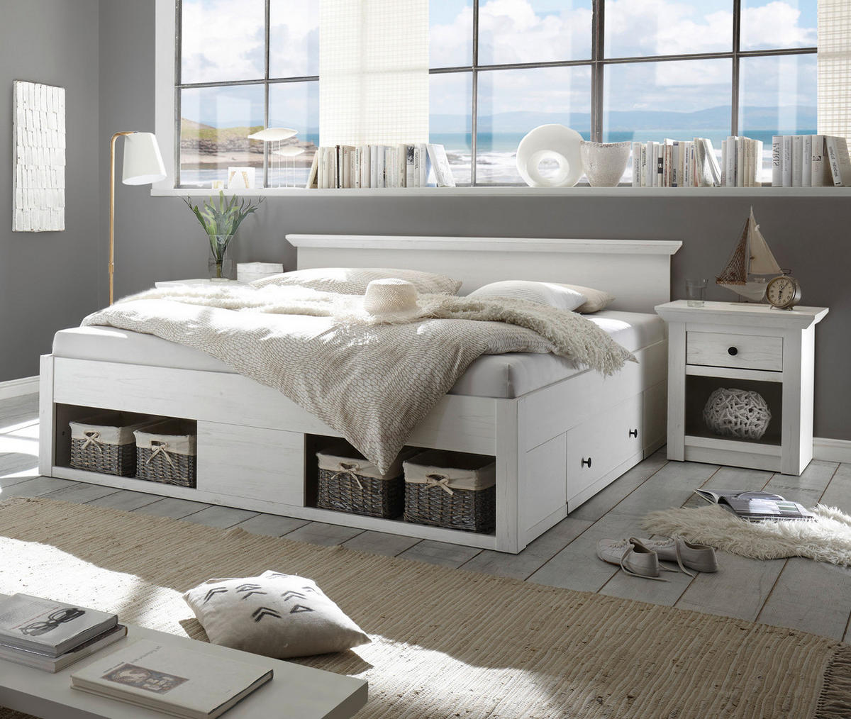 BETT Pinie weiß Liegefläche 180 x 200 cm, Stauraumbett mit Bettschubkasten - Schwarz/Weiß, Holzwerkstoff/Kunststoff (180/200cm) - Furn.Design