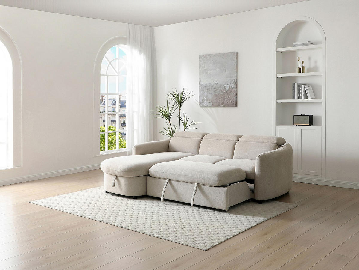 ECKSOFA - Ecke links - Schlafsofa - Stoff - Beige - RAVIELA - Beige, Textil (186/238cm) - Vente-Unique