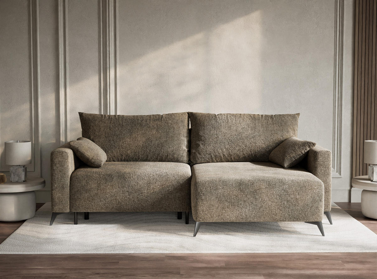 ECKSOFA MIT SCHLAFFUNKTION Leon Taupe Chenille-Stoff - Schwarz/Braun, Holz/Holzwerkstoff (239/148cm) - Maison de Reve