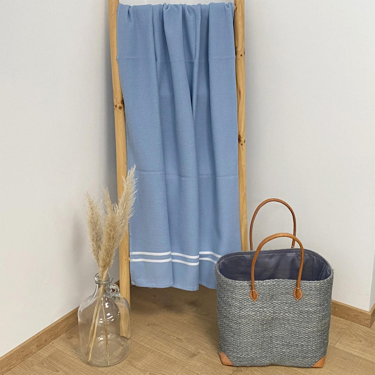 HAMAMTUCH mit Frotteefutter Waffle Grau Blau 90x170 355g/m² - Blau, Textil (90/170cm) - LE COMPTOIR DE LA PLAGE