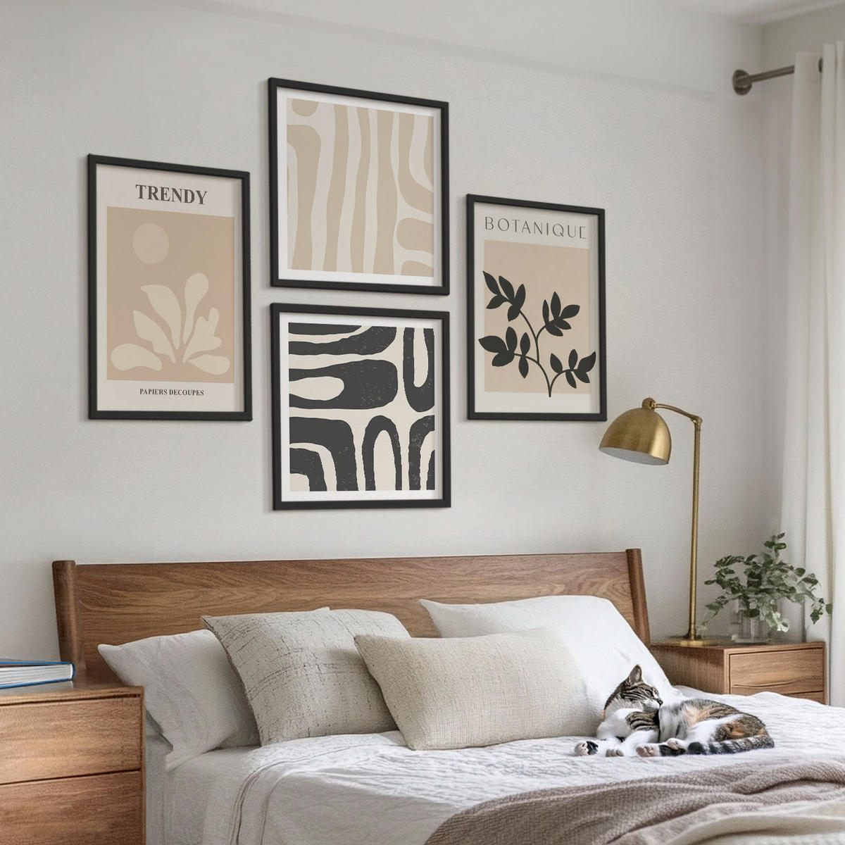 BILDER SET 4er Set - 50x50 cm & 40x60 cm Schwarzer Rahmen - Stilvolle Pflanzenmuster in Beige und Schwarz - Schwarz, Kunststoff (50/50cm) - TULUP