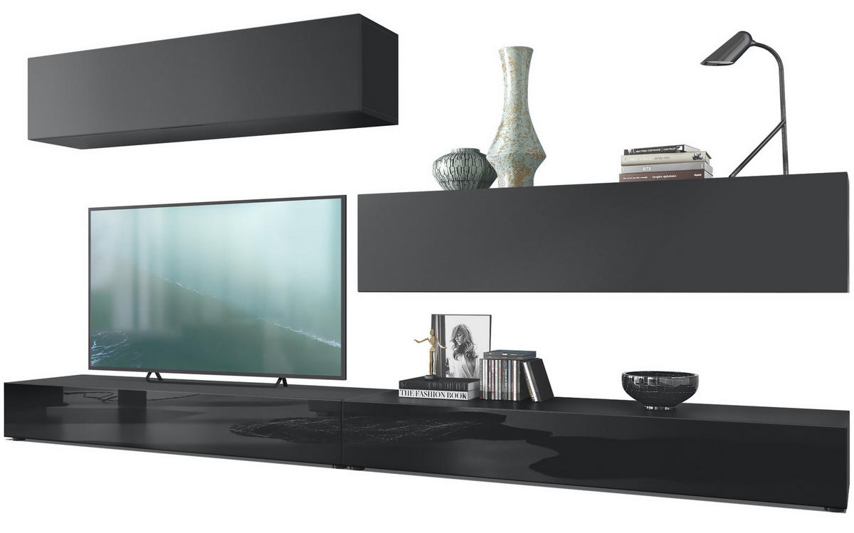 WOHNWAND Nublo Klappen in Schwarz matt - Schwarz, Holzwerkstoff (279/147/39cm) - Vladon