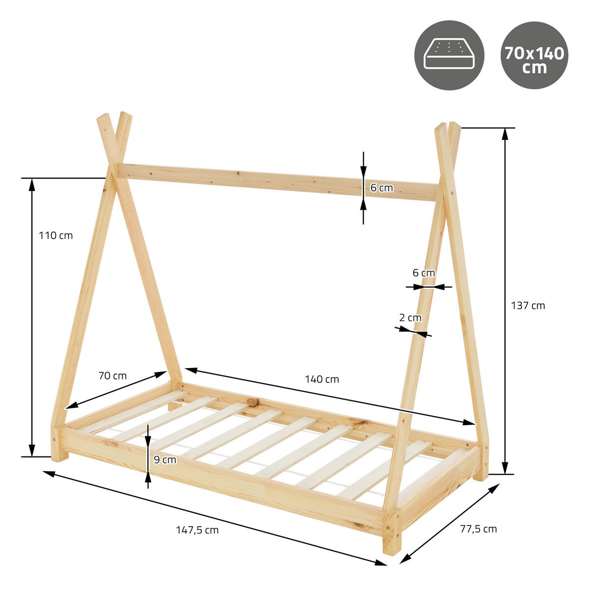 KINDERBETT Tipi mit Matratze 70x140 cm Natur - Naturfarben, Holz (70/140cm) - ML-DESIGN