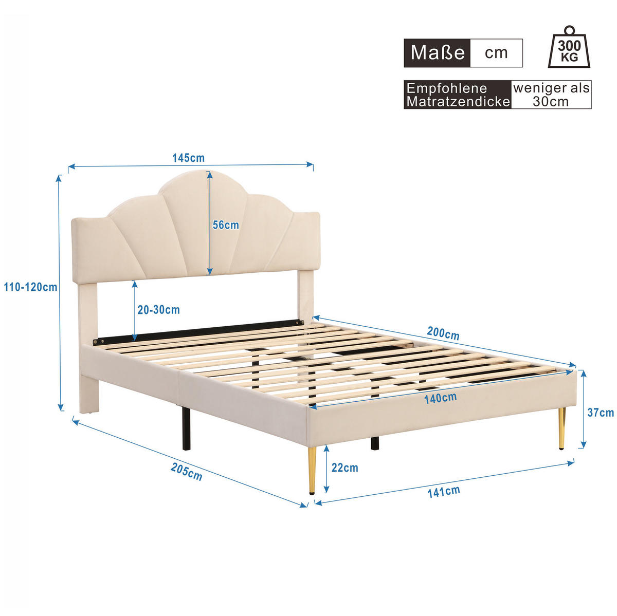 POLSTERBETT 140/200 cm aus Samt mit verstellbarem Kopfteil und goldfarbenen Metallbeinen, Beige - Beige, Textil (140/200cm) - Redom