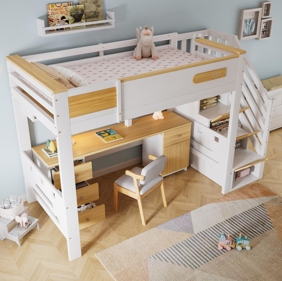 HOCHBETT Massivholz/MDF 90x200 cm Weiß/Natur mit Schreibtisch, Schubladen und Stauraumtreppe - Weiß, Holz (90/200cm) - Modfu