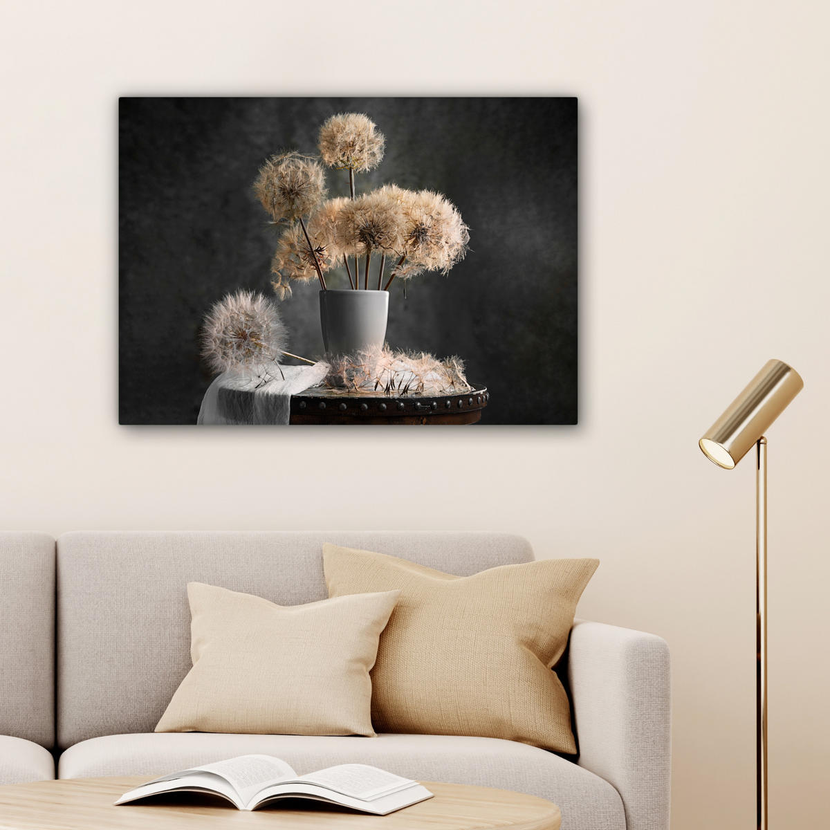 LEINWANDBILD Blumensamen - Löwenzahn - Vase - Stilleben - Blumenstrauß Wandbilder 80x60 cm - Dunkelgrau, Textil (80/60cm) - MuchoWow