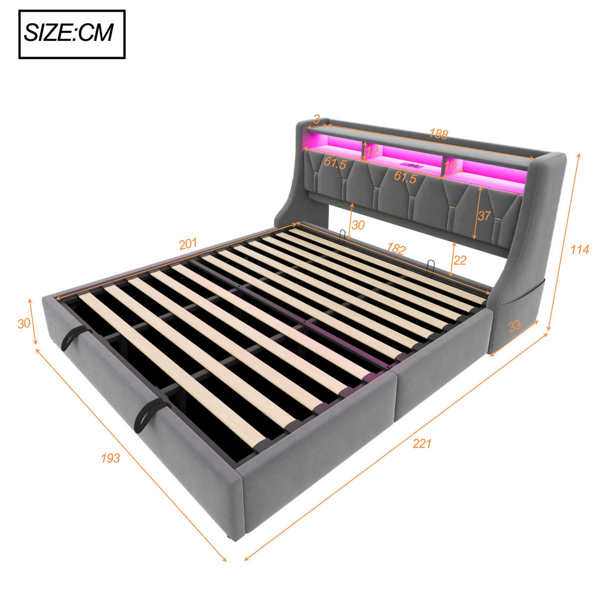ČALÚNENÁ posteľ, 180/200 cm sivá, zamat, s LED a hydraulickým úložným priestorom - sivá, textil (180/200cm) - BEAOK