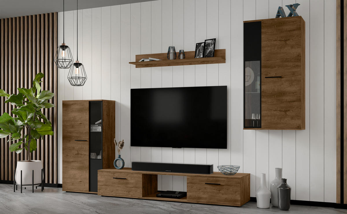 WOHNWAND Formilo Lefkas Eiche 294/180/40 cm Hochwertige TV Wohnwand - Braun, Holzwerkstoff/Kunststoff (294/180/40cm) - AX Living