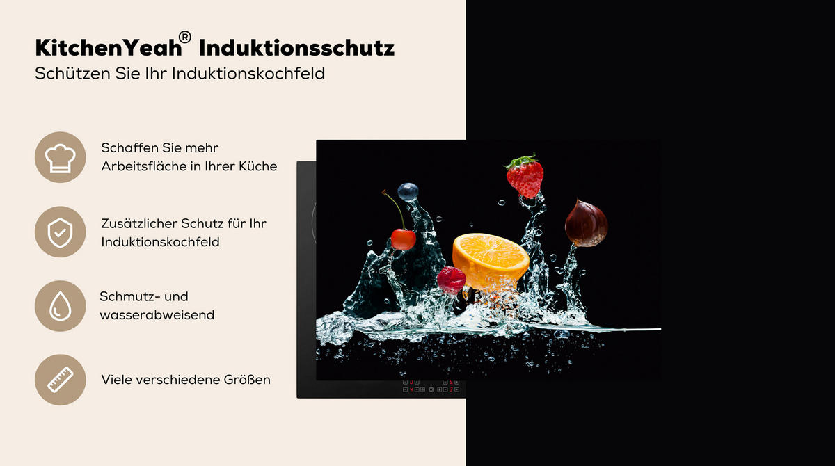 HERDABDECKPLATTE Wasser - Obst - Orange - Erdbeere - Kirsche - Schwarz 75x52 cm - Orange, Kunststoff (75/0.2/52cm) - MuchoWow