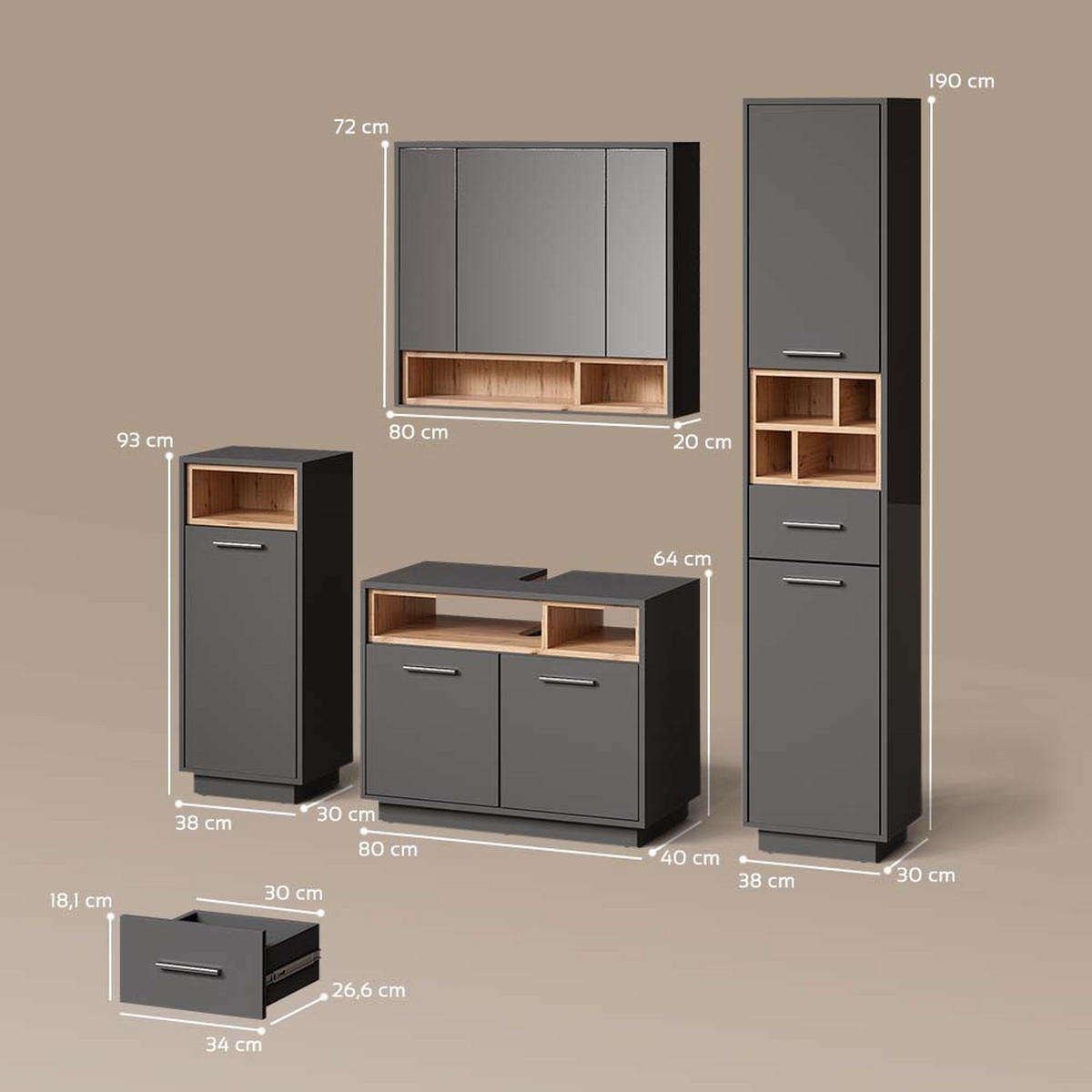 BADMÖBEL-SET Temo Anthrazit 4 Teile - Anthrazit/Sonoma Eiche, Holzwerkstoff (80/93/40cm) - Livinity®