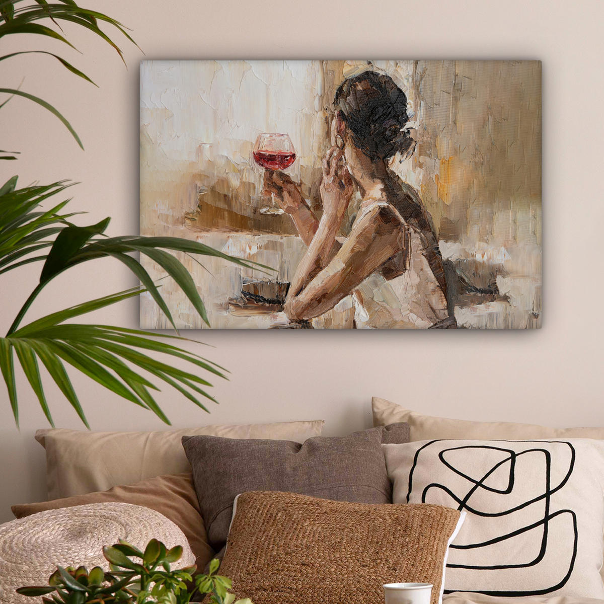 LEINWANDBILD Ölgemälde - Frau - Wein Gemälde 60x40 cm - Hellbraun, Textil (60/40cm) - MuchoWow