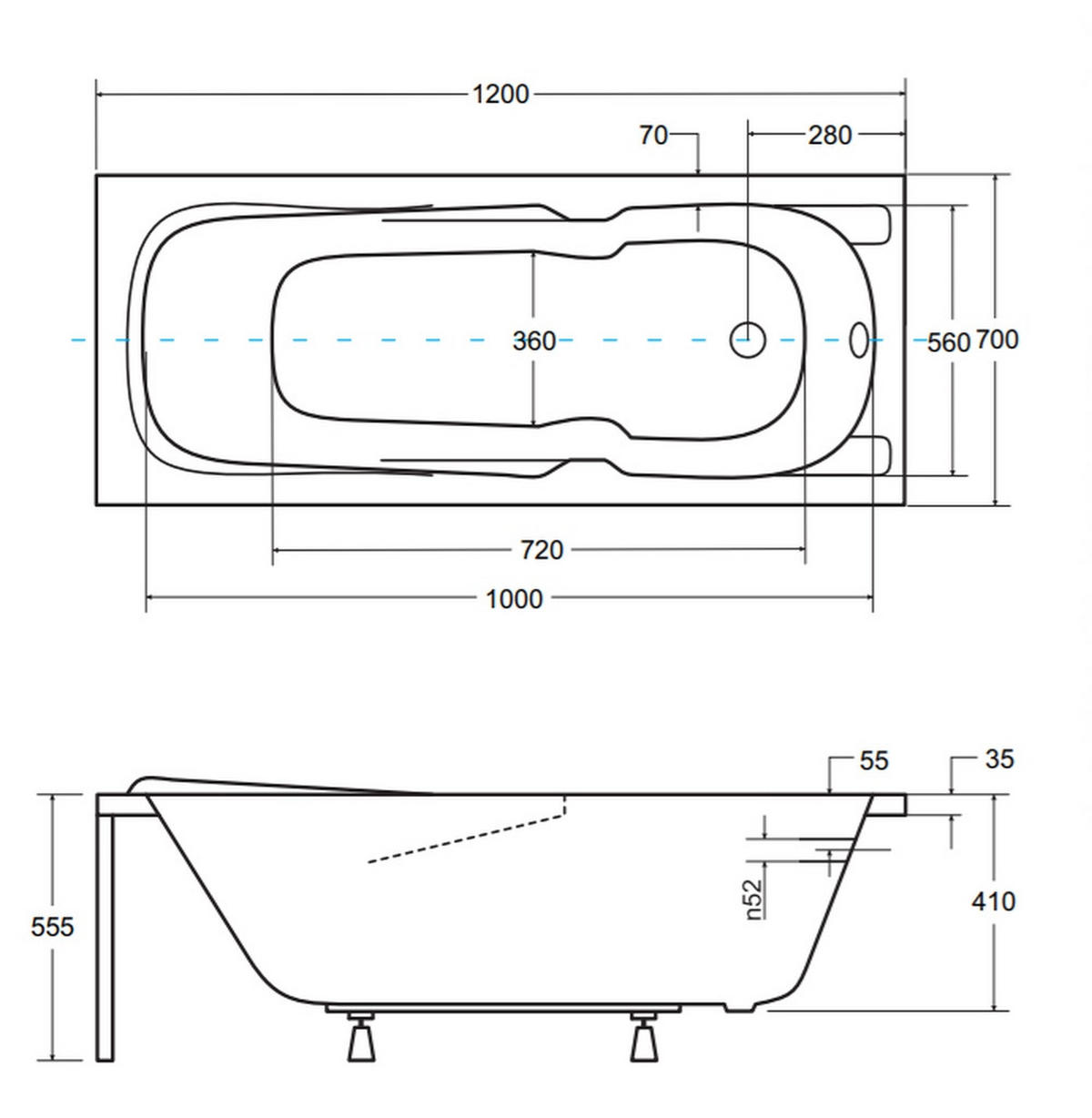 BADEWANNE Rechteck MAJKA 120/70 mit Schürze Ablauf Füße - Weiß, Kunststoff (70/55.5/120cm) - bad land
