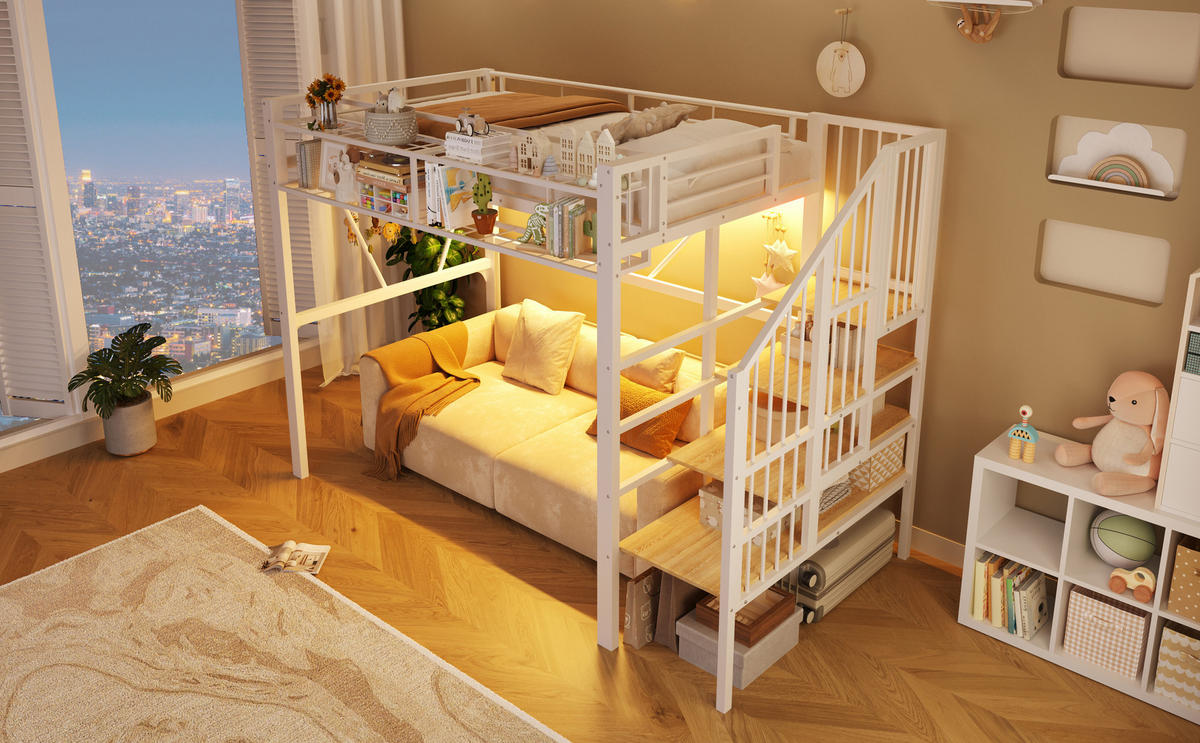 HOCHBETT 90/200 cm mit Metallgestell Weiß, Stufenregal, Aufbewahrungskorb und LED-Licht - Weiß, Metall