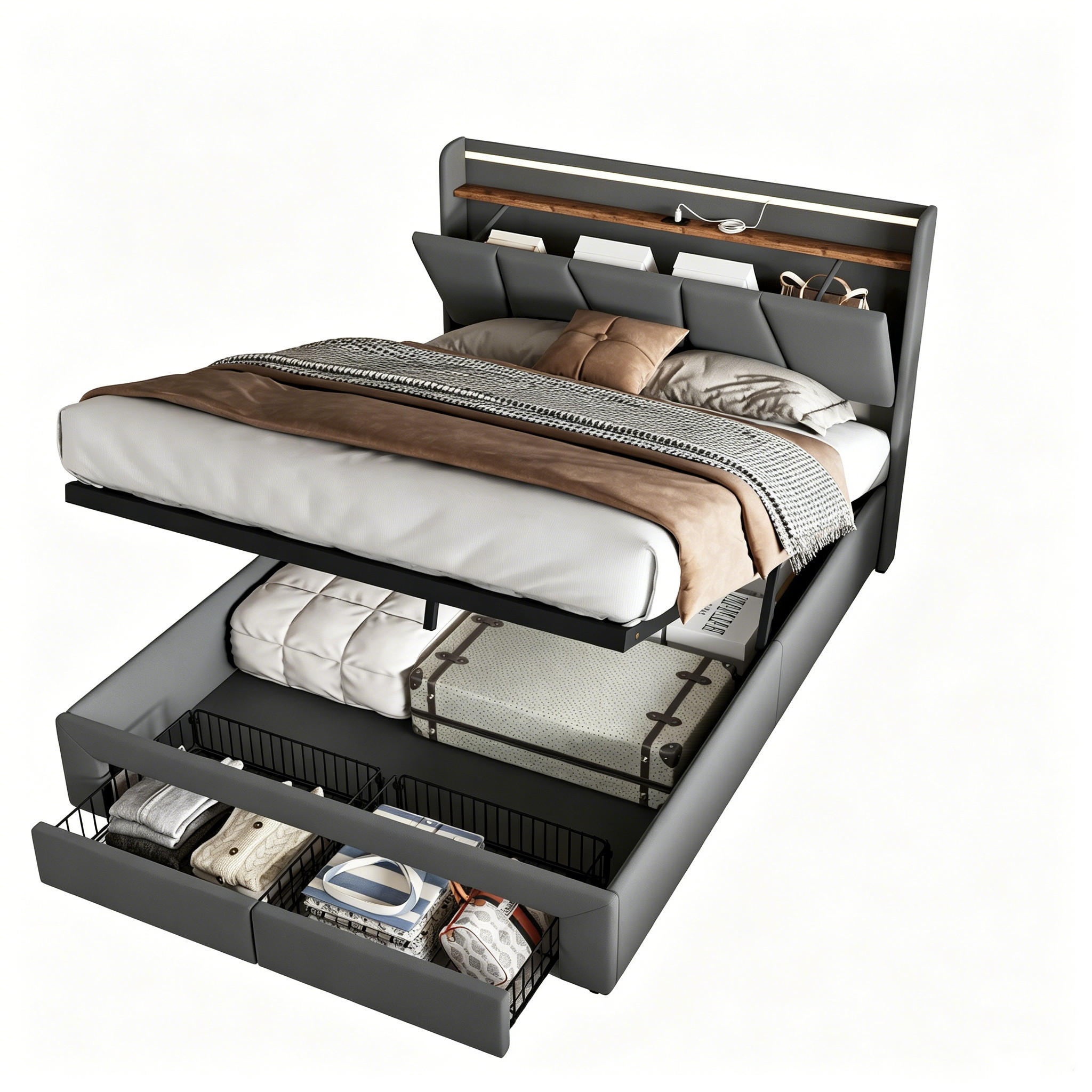 BETT Schubladenbett 160x200 cm mit 2 Schubladen & Ladefunktion in Grau - Beige/Naturfarben, Holz/Metall (160/200cm) - PARAFTA HOME