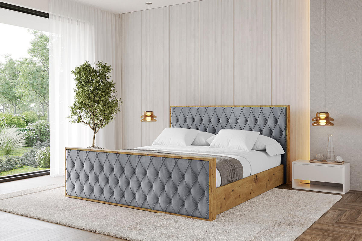 POLSTERBETT mit Bettkasten, Fußteil und Lattenrost, Boxbett ohne Matratze - ENZO5-Z 200x200 Grau - Grau, Holzwerkstoff/Textil (200/200cm) - ALTDECOR