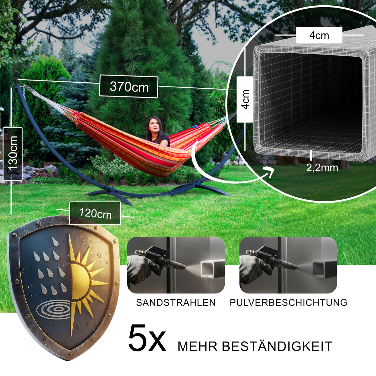 HÄNGEMATTE mit Gestell, 2 Personen, XL, 160 kg, Metall, Pereira Blau, einfache Montage - Blau, Metall (370/130/120cm) - Potenza