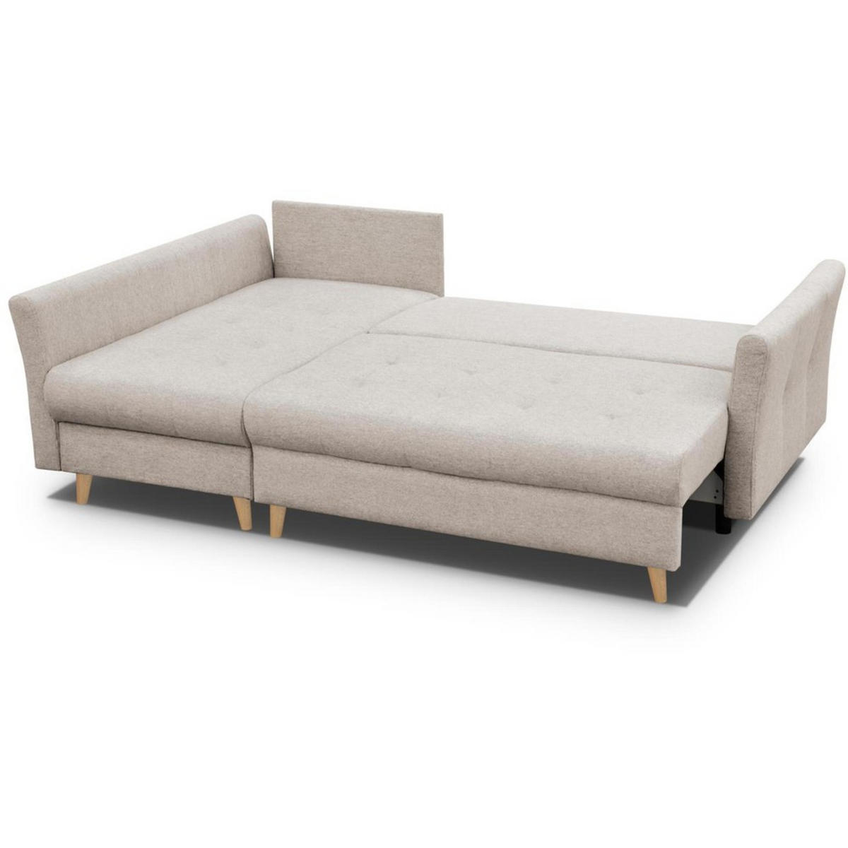 ECKSCHLAFSOFA Neron mit 2 Bettkasten und Beine in Buchefarbe, Beige, links - Beige/Buchefarben, Textil (233/148cm) - Beautysofa