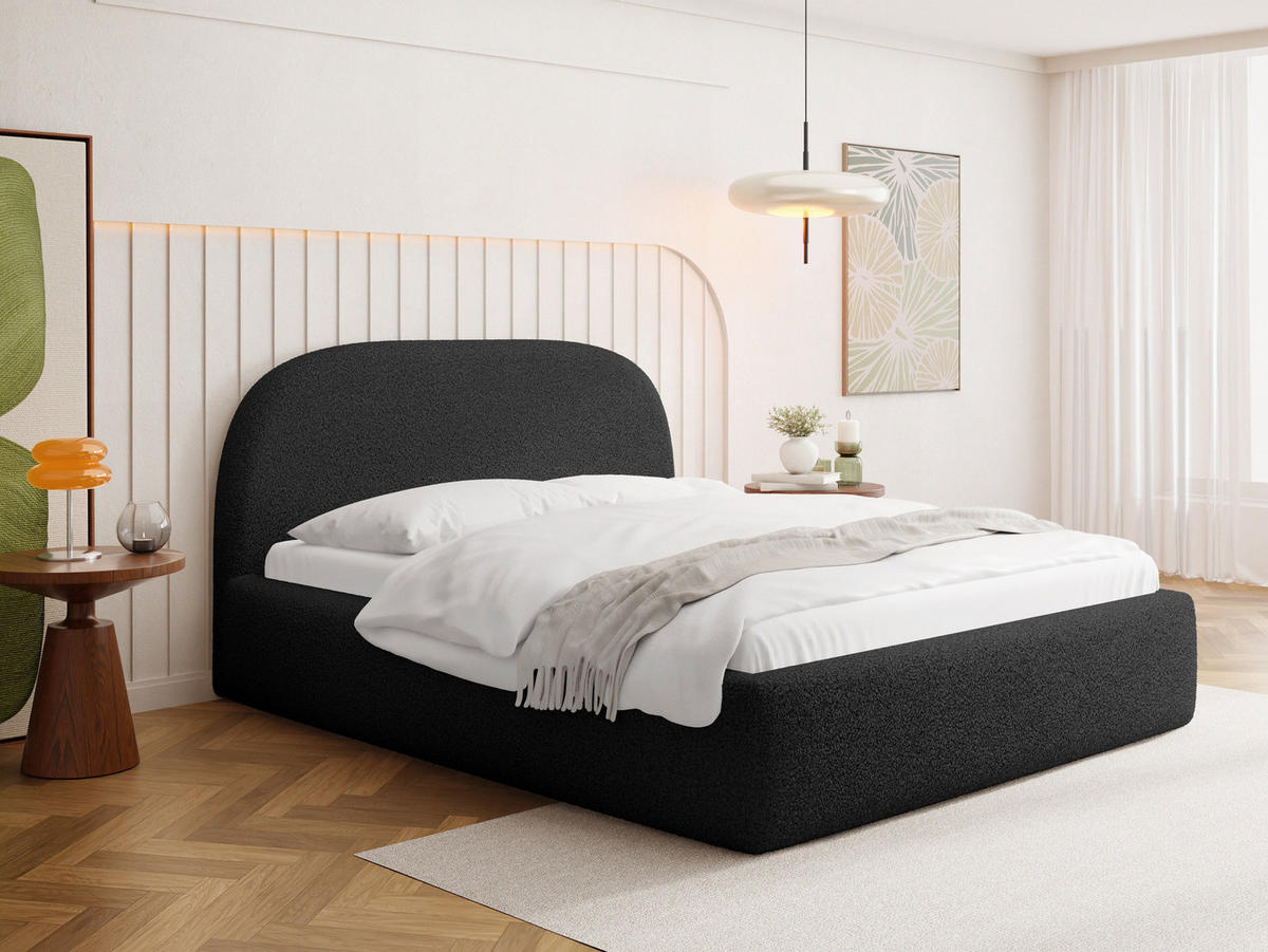 POLSTERBETT Puro mit Bettkasten, Schwarz Boucle 140 x 200 cm – mit Metall-Lattenrost - Birkefarben/Schwarz, Kunststoff/Textil (140/200cm) - WFL GROUP