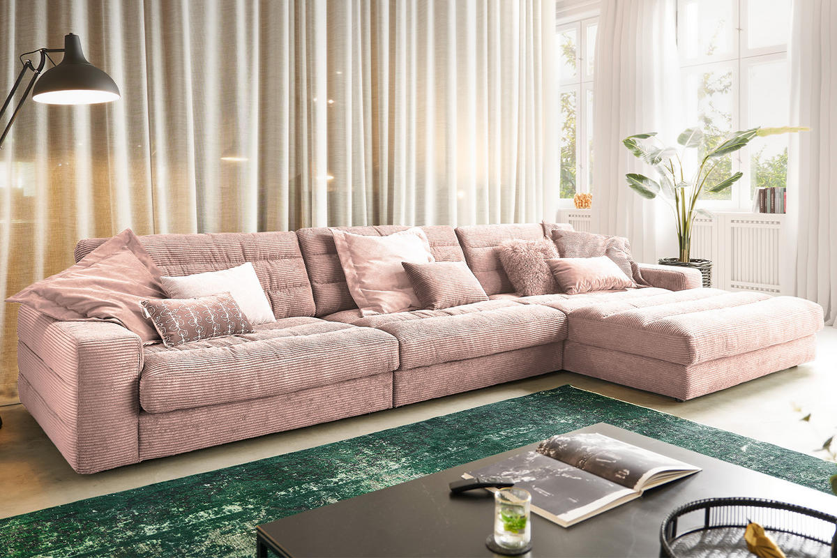 ECKSOFA XL LANA Pink Cord - Pink/Schwarz, Textil (416/205cm) - KAWOLA