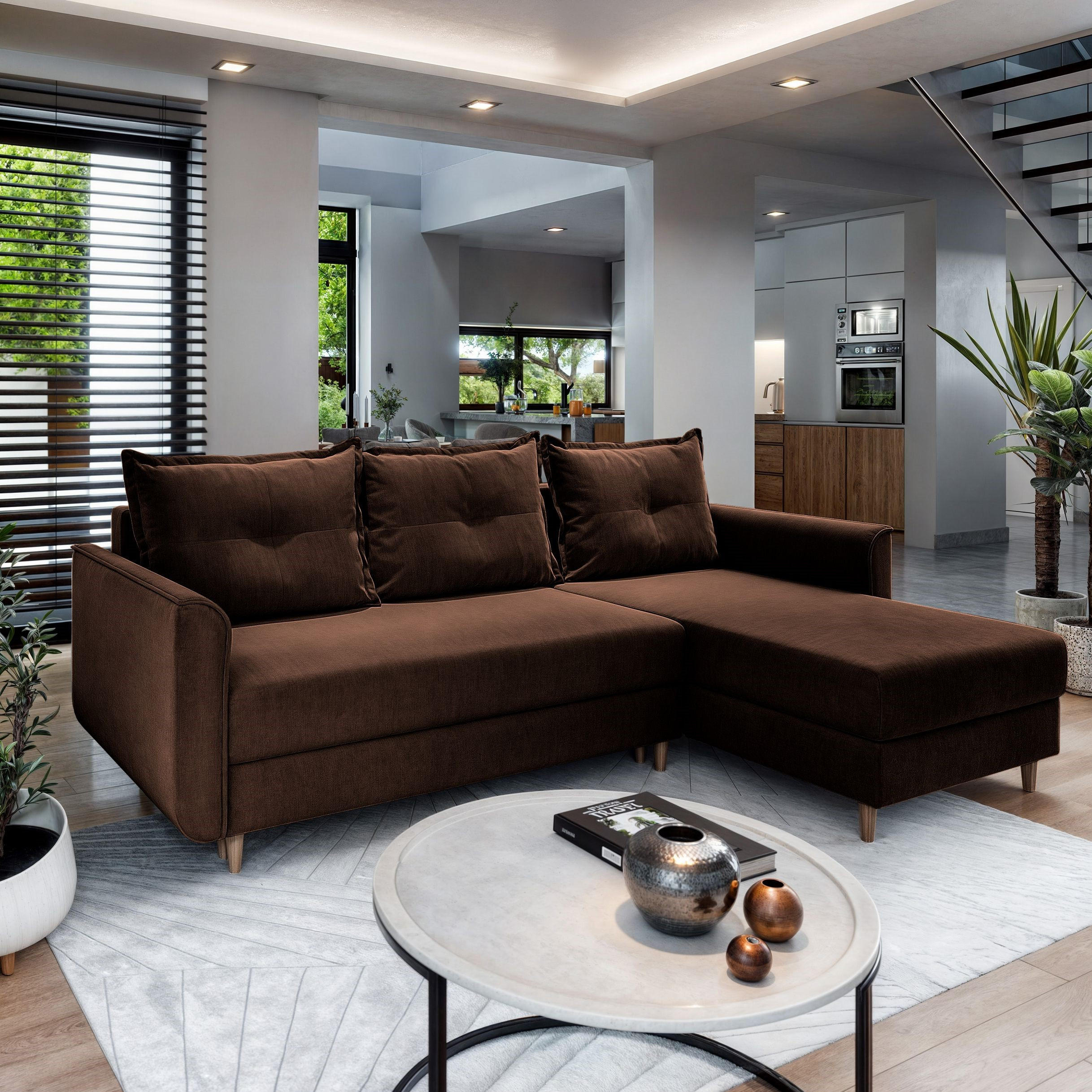 ECKSOFA PISAN R-S Braun Plüsch-Stoff mit Schlaffunktion - Braun, Holz (220/140cm) - MASSENO