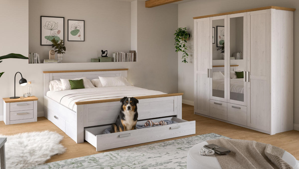 SCHLAFZIMMER weiß Lärche, Eiche Artisan Landhaus, Komplettset mit Bett Liegefläche 180 x 200 cm - Eichefarben/Silberfarben, Holzwerkstoff/Kunststoff (180/200cm) - Inn.Furn