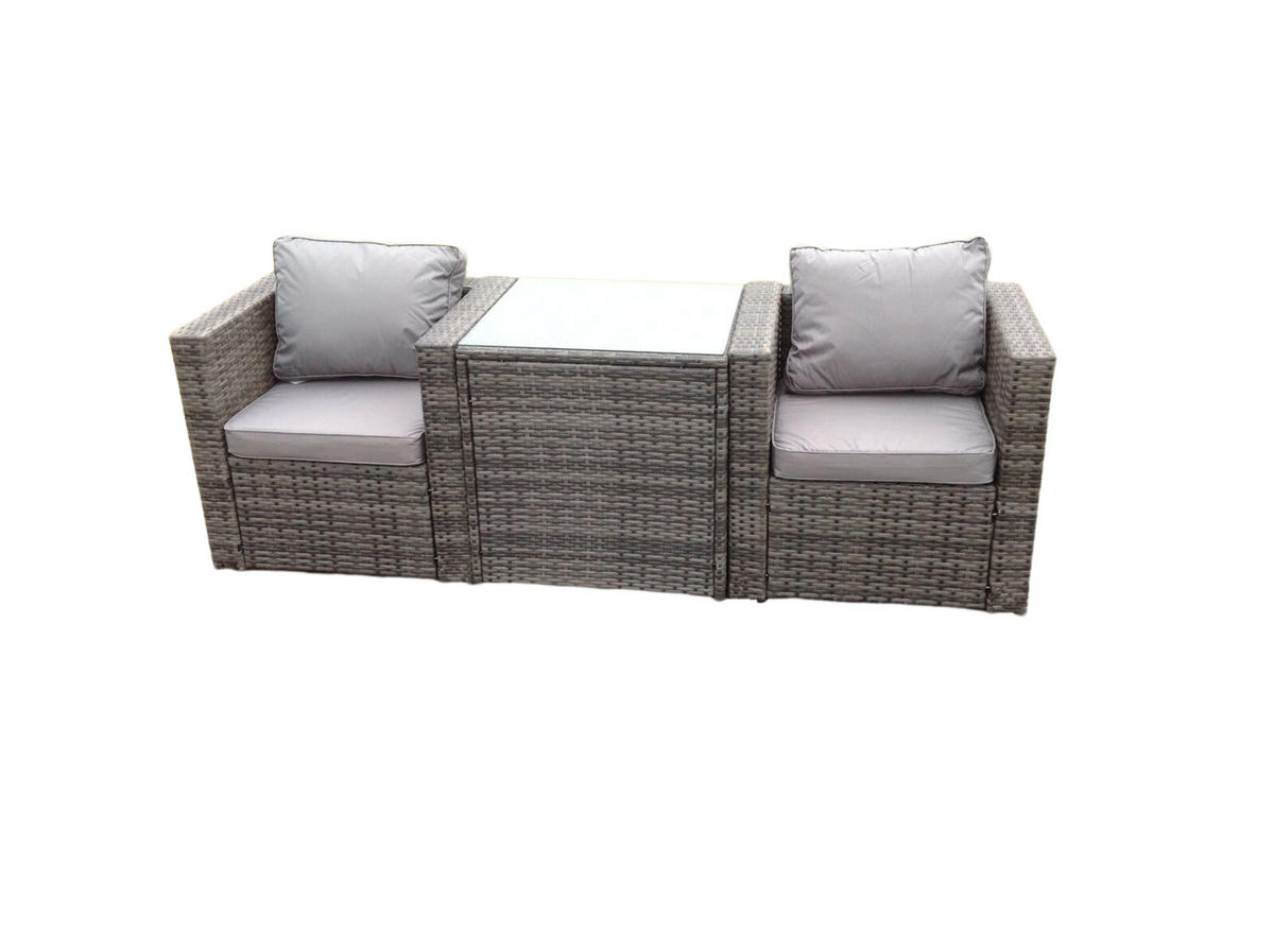 GARTENMÖBELSET mit Couchtisch Polyrattan 2-Sitzer - Dunkelgrau/Grau, Glas/Kunststoff - Fimous