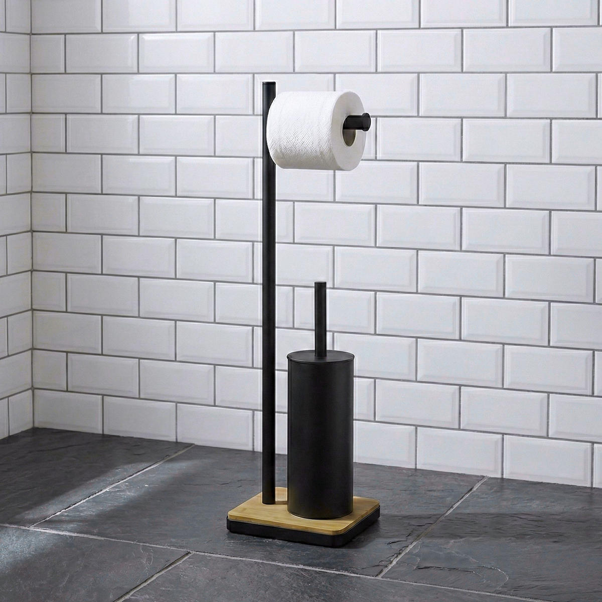 WC-BÜRSTE mit Halter für Toilettenpapier Ivlo 21/16/65 cm - Schwarz, Metall (16/65/21cm) - NUXIO