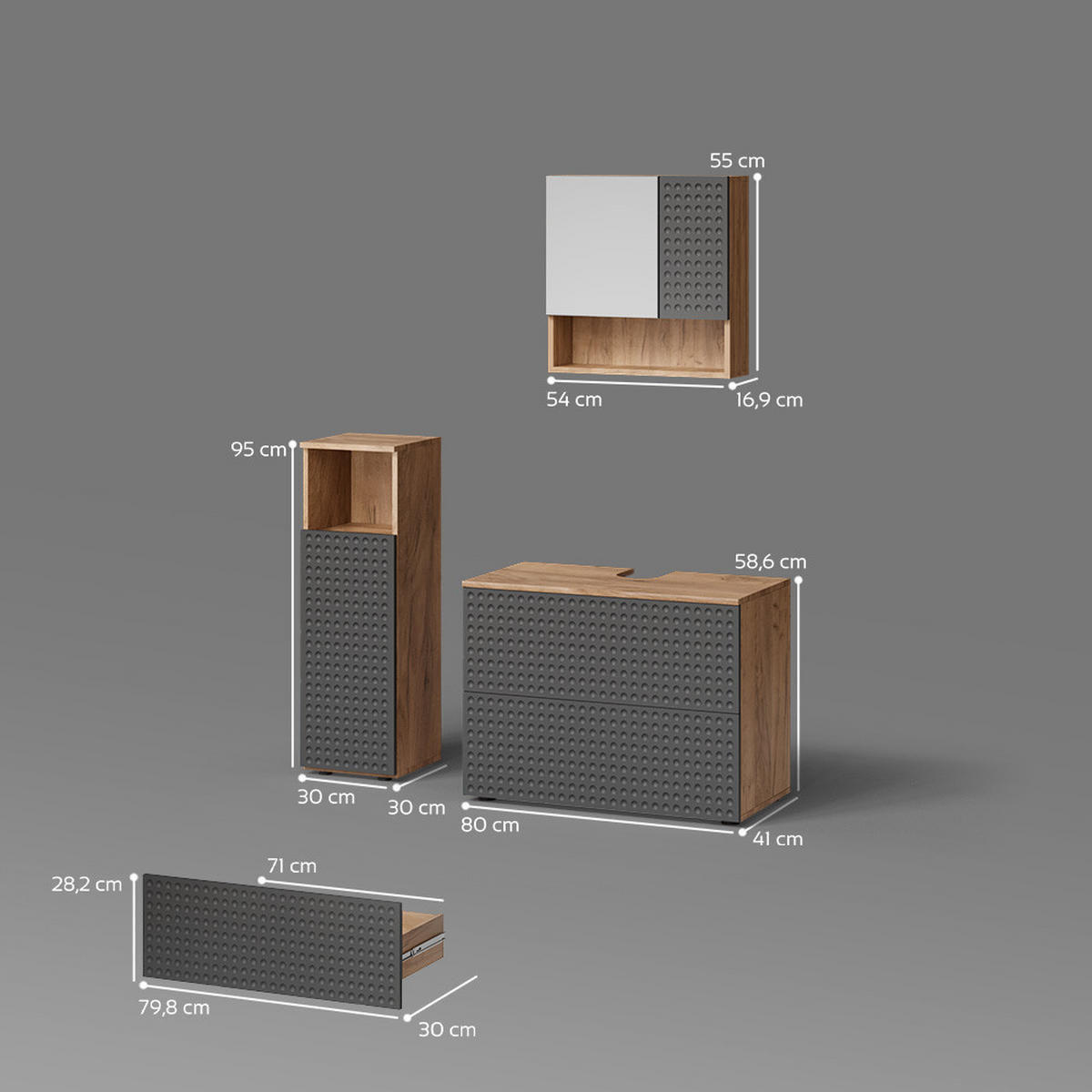 BADMÖBEL-SET Ronco Anthrazit gestreift 3 Teile, mit Midischrank - Eichefarben/Anthrazit, Holzwerkstoff (54/55/41cm) - Livinity®