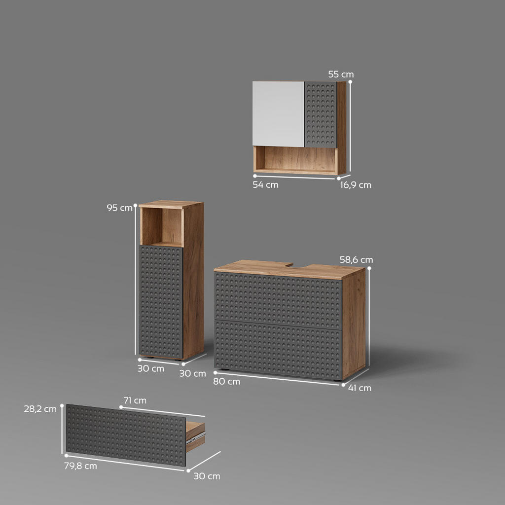 Thumbnail - Livinity® Badmöbel-Set, Anthrazit, Eiche, Holzwerkstoff, 8 Fächer, 2 Schubladen, Rechteckig, 54x55x41 cm, Badezimmer, Ba...