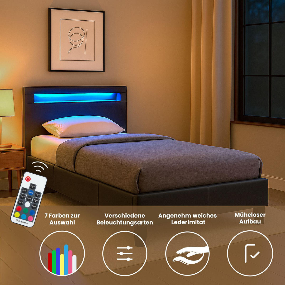 POLSTERBETT MIT LED MANDALAY 90X200 CM - Schwarz, Textil (90/200cm) - CARO-Möbel