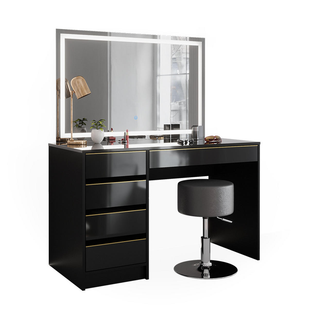 SCHMINKTISCH Sherry Schwarz/Gold 120 cm mit LED-Spiegel und Hocker - Goldfarben/Schwarz, Holzwerkstoff (120/75/55cm) - Vicco