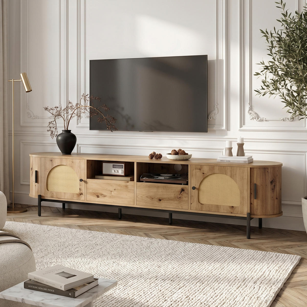 TV-LOWBOARD in Holzoptik mit Rattan, ovale Form und viel Stauraum - Naturfarben, Holzwerkstoff (200/49.5/40cm) - Urban Meuble