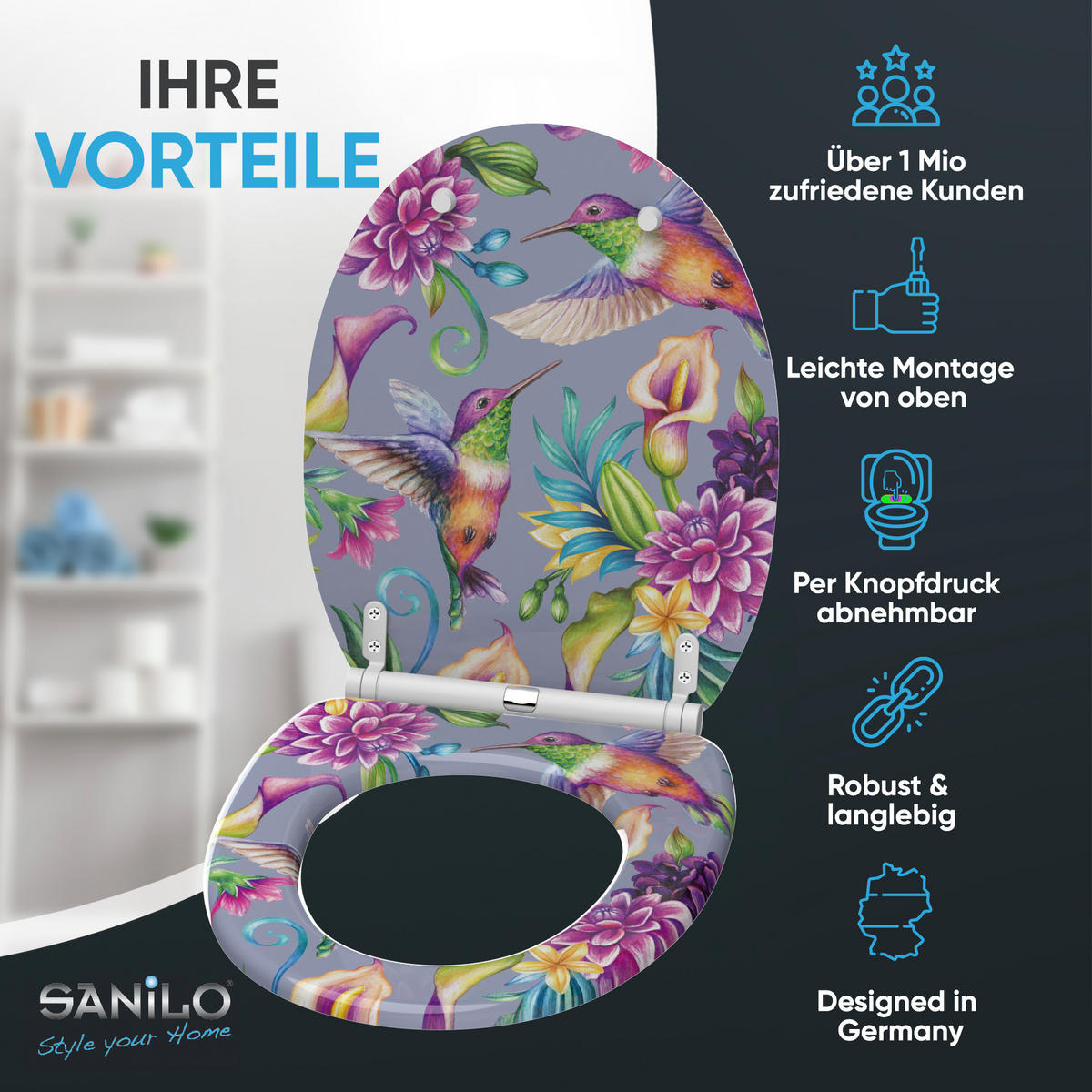 WC-SITZ mit Absenkautomatik & Top Fix Kolibri - Violett, Holzwerkstoff (37.7/5.5/48cm) - Sanilo