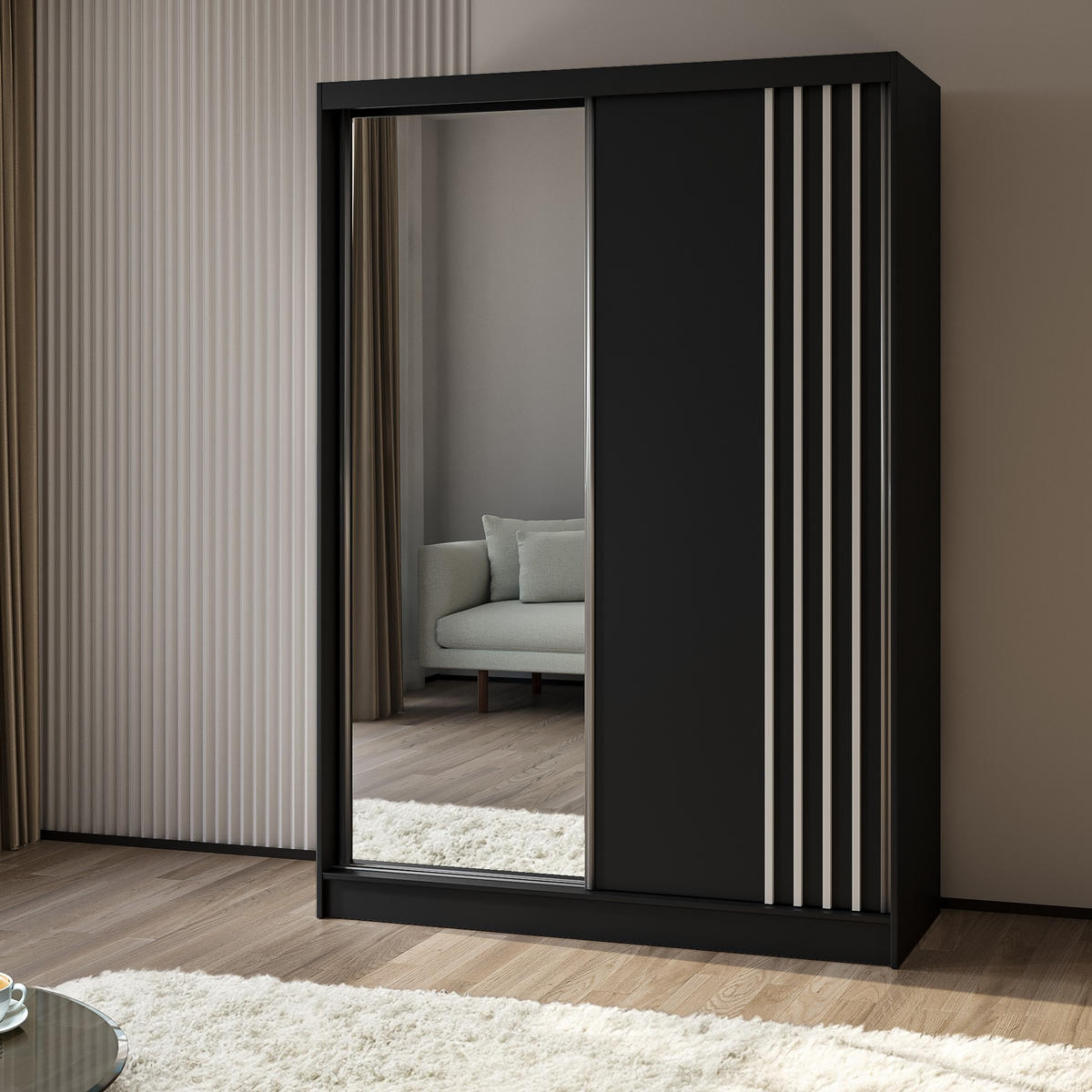 SCHWEBETÜRENSCHRANK NELVIA 150/216/61 cm 2-türig mit Spiegel Schwarz - Schwarz, Holzwerkstoff (150/216/61cm) - MASSENO