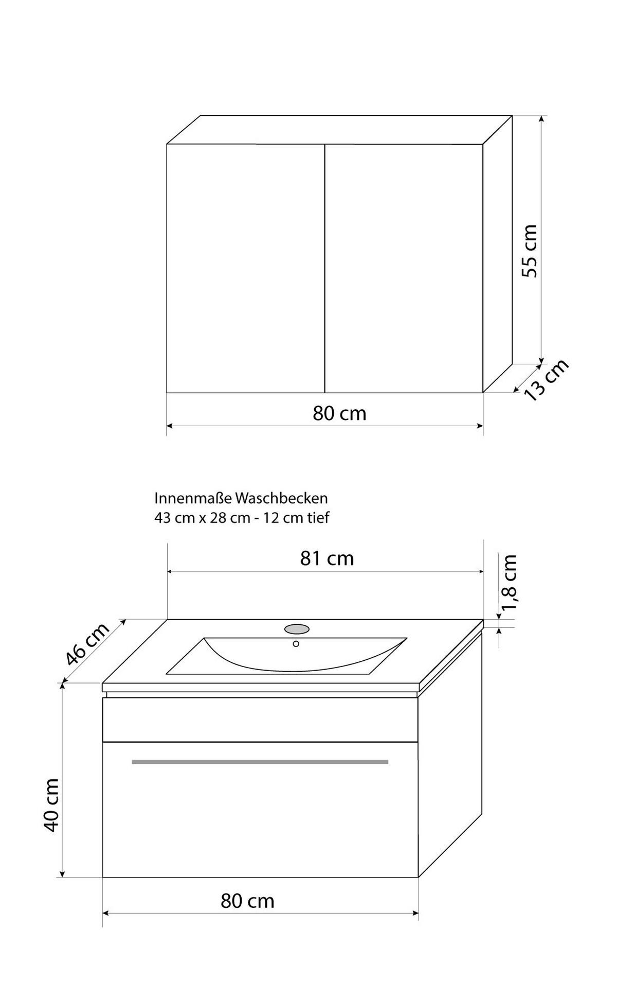 BADMÖBEL Set Gently 3 V1 Weiß/Grau MDF Waschtisch 80cm ohne LED-Beleuchtung - Grau, Glas/Kunststoff (46/52/60cm) - AcquaVapore by Sandra Jentho