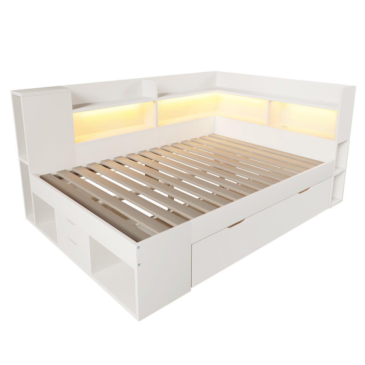 POLSTERBETT 140/200 cm mit LED-Beleuchtung, USB- und Typ-C-Anschluss, Stauraum und Lattenrost, Holzwerkstoff, Weiß - Weiß, Textil (140/200cm) - Redom