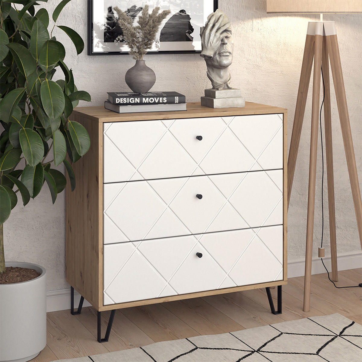 KOMMODE Nizza Artisan/Weiß 80.2 x 82.6 cm mit 3 Schubladen - Eiche Artisan/Weiß, Holzwerkstoff (80.2/82.6/40.1cm) - Vicco