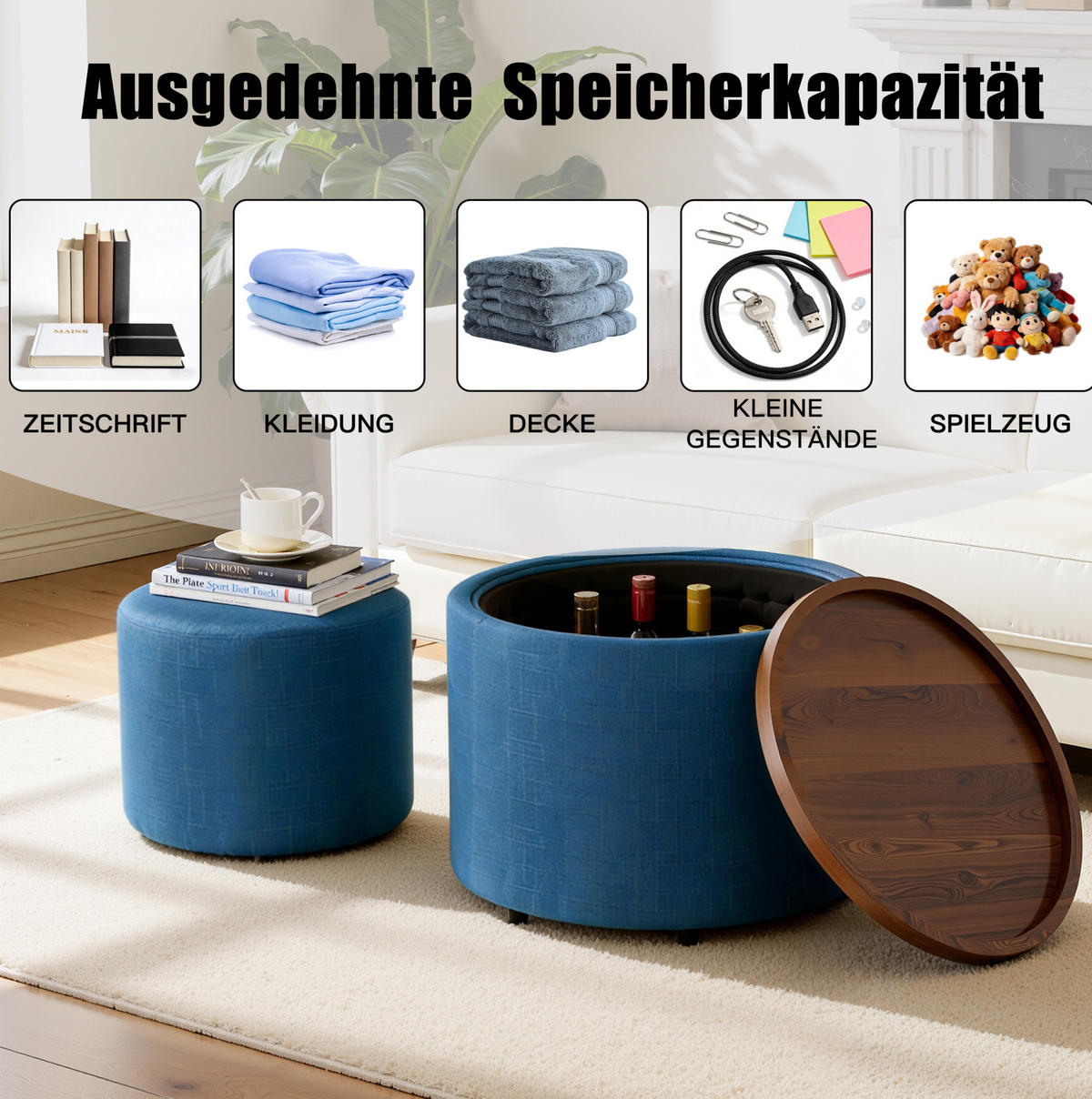 COUCHTISCH 58 cm Beige aus Leinen mit Stauraum - Blau, Textil (58/58/38cm) - OKMYHOME