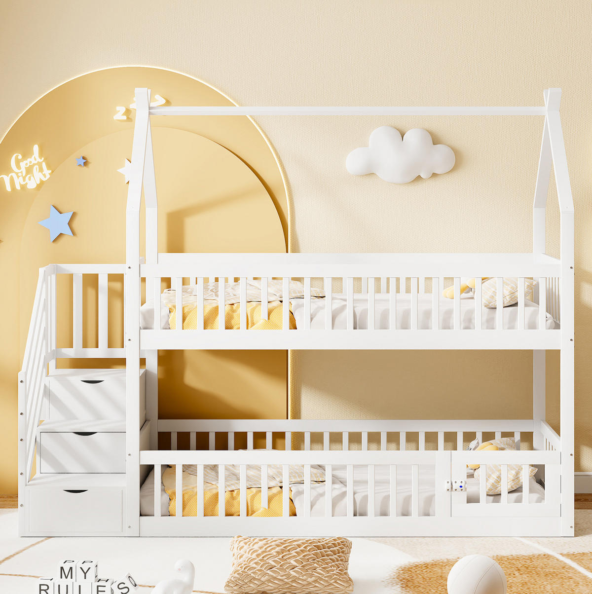 ETAGENBETT aus Massivholz 90x200 cm in Weiß mit Treppe & Schubladen - Weiß, Holz (90/200cm) - Modfu