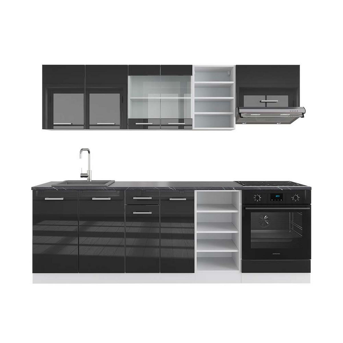 KÜCHENZEILE R-Line Anthrazit Hochglanz/Weiß 240 cm, AP Anthrazit - Anthrazit/Weiß, Holzwerkstoff (240/81.6/60cm) - Vicco